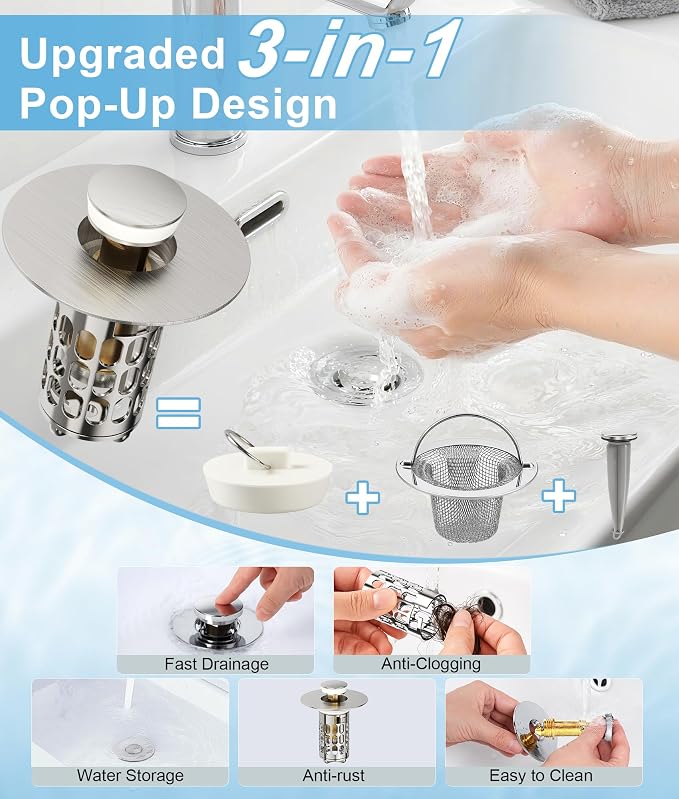 QYHNYJF Upgraded Bathroom Sink Stopper with Hair Catcher - Universal Pop-Up Drain Plug, Stainless Steel & Silicone Seal for 1.1-1.5 Inch Drains,Brushed Nickel Finish (Brushed Nickel)