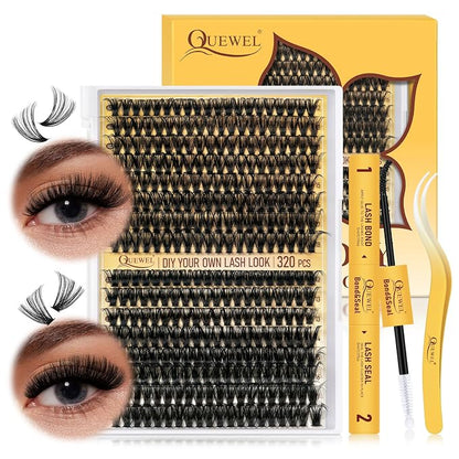 QUEWEL Lash Clusters Kit, 320Pcs 60D+80D Lash Cluster Eyelash Extensions | Mix 12-18mm 3D Eyelash Clusters with Lash Bond and Seal and Lash Tweezer Easily Create 3D Lashes Clusters at Home(60+80D Kit)