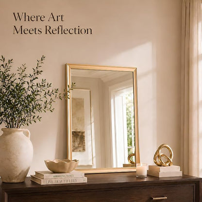 Brushed Gold Bathroom Mirrors for Over Sink 22x30 Inch | Inner Arc Aluminum Frame Rectangle Vanity Mirror for Bedroom Entryway, HD Tempered Glass, Anti-Rust, Horizontal or Vertical