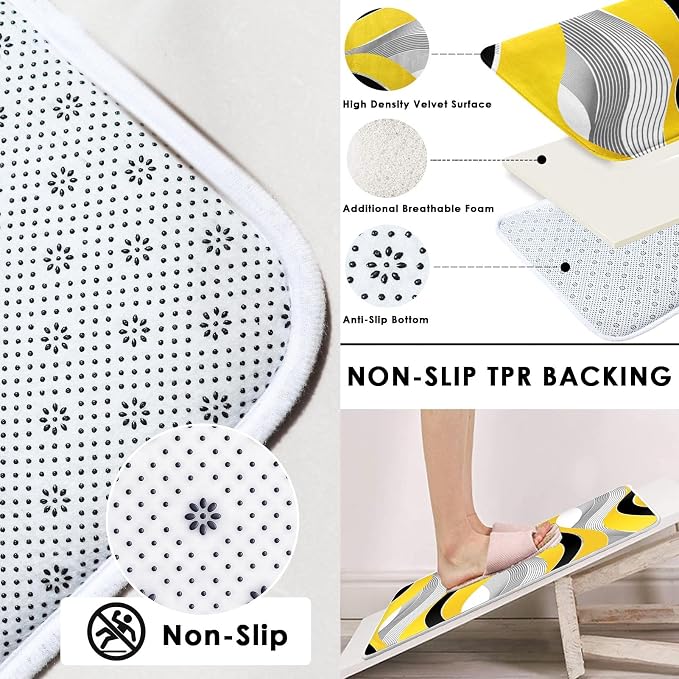 Bathroom Sets with Shower Curtain and Rugs, 4 Pcs Geometric Yellow | Striped Modern Grey Bathroom Decor Set with Toilet Lid Cover, Non-Slip Bath Mats and Accessories 12 Hooks