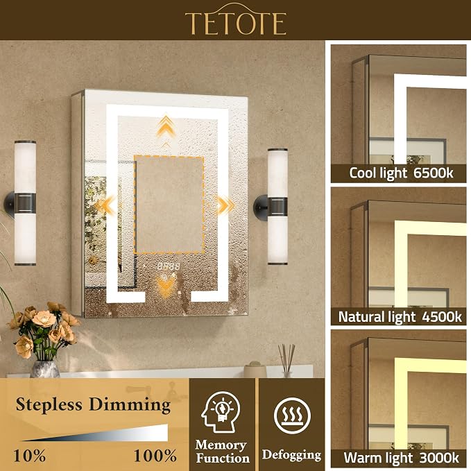 36 x 32 LED Lighted Bathroom Medicine Cabinet with Lights, 2 Door Recessed or Surface Mount Led Mirrored Medicine Cabinet, Tempered Glass, Outlets & USB, Adjustable Shelf, 3-Color Lights