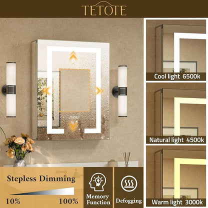 30 x 32 Lighted Medicine Cabinet Mirror for Bathroom with LED Lights, 2 Door Tempered Glass Recessed or Surface Mount Mirrored Cabinet, Outlets & USB, 3-Color Dimming, Defog, Adjustable Shelf