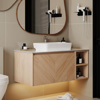 36 Inch Floating Vanity Bathroom with Single Sink, Wall-Mounted Floating Bathroom Cabinet with Sintered Stone Countertop & White Ceramic Basin, Ample Storage and Open Shelves, Light Wood