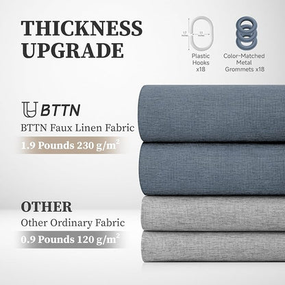108x72 Linen Textured Waterproof Cloth Shower Curtain Set, Blue Grey | Extra Wide Size, 230GSM Polyester, Heavy Duty Fabric, Weighted Hem, 18 Plastic Hooks, Modern Hotel Style, Machine Washable