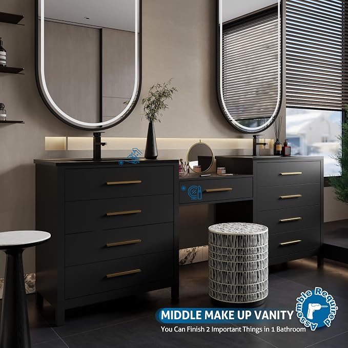 eclife 84" Bathroom Vanity Sink Combo, Modern Painted Vanities Storage Cabinet with 24" Mid Makeup Vanity Desk, 30" Dual Black Basins, Faucets & Drains, Black