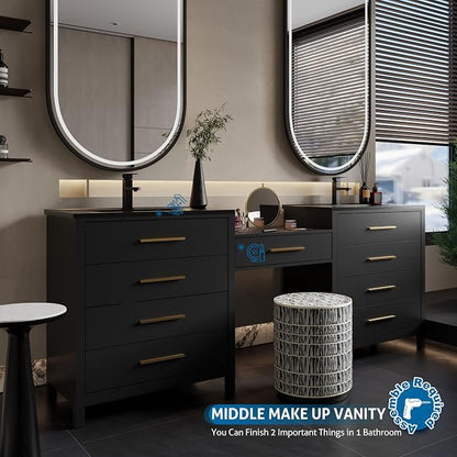 eclife 84" Bathroom Vanity Sink Combo, Modern Painted Vanities Storage Cabinet with 24" Mid Makeup Vanity Desk, 30" Dual Black Basins, Faucets & Drains, Black