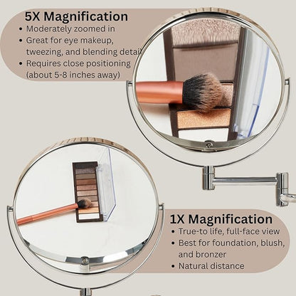 JERDON Wall-Mounted Magnifying Mirror - Bathroom Makeup Mirror with 5X Magnification - 8-Inch Diameter - Chrome Finish - Model JP7506CF