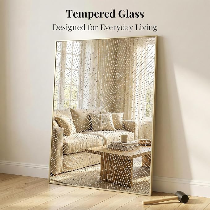 48"x30" Satin Gold Large Framed Bathroom Vanity Wall Mirror | Large Vanity Wall Mirror, Slim Metal Frame, Dresser or Sideboard Use, Vertical/Horizontal Mount, Tempered Glass