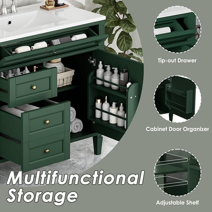 Merax 36 Inch Bathroom Vanity with Top Sink, Modern Bathroom Storage Cabinet with 2 Drawers and a Tip-Out Drawer, Solid Wood Frame Single Sink Bath Vanities, Green