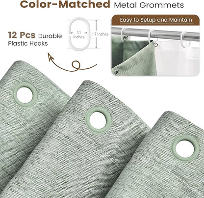BTTN Sage Green 3 in 1 Shower Curtain Set - Linen Textured Cloth Shower Curtain and PEVA Liner with Plastic Hook and 3 Magnets, Tall Modern Neutral Waterproof Shower Curtain for Bathroom, 72x84