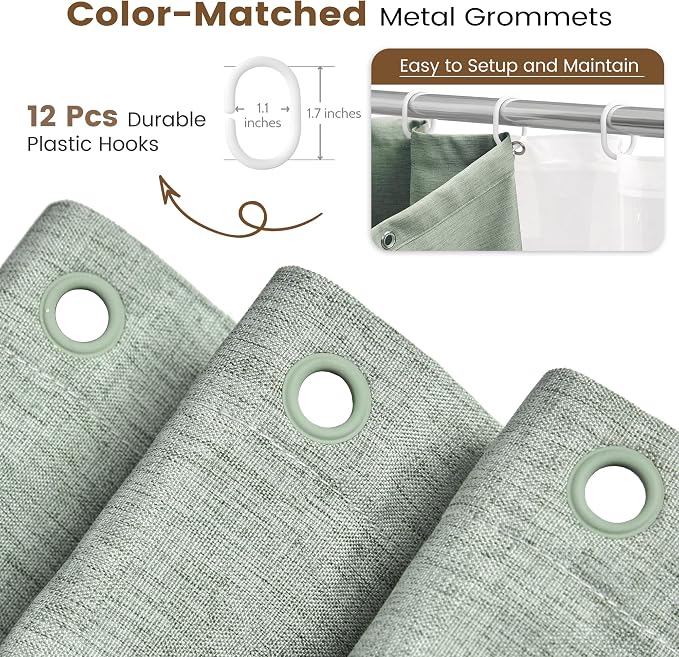 BTTN 72x84 Tall 3 in 1 Linen Texture Shower Curtain with Liner, Sage Green | Long Size, 230GSM Heavy Duty Polyester, Waterproof Clear Liner, Weighted Hem, 12 Plastic Hooks, Hotel Style, Machine Washable