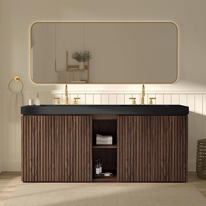 72" Bathroom Vanity with Double Sink, Freestanding Double Sink Bathroom Vanity with Black Engineered Stone Top, Open Storage Cabinet & Adjustable Shelf, 4 Soft-Closing Doors, Walnut