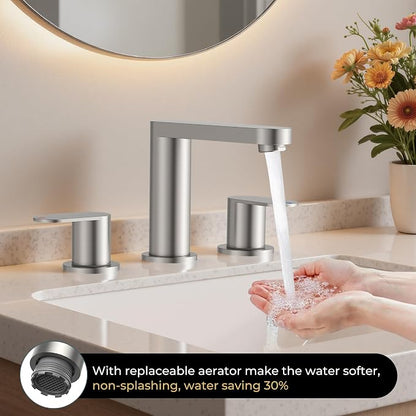 QFN Bathroom Faucet 3 Hole 8" Widespread Vanity Sink Faucet Brushed Nickel | 304 Stainless Steel Bathroom Sink Faucet with Pop-up Drain, 6-12 Inch 3 Hole Install, for RV Laundry Farmhouse Restroom Sink