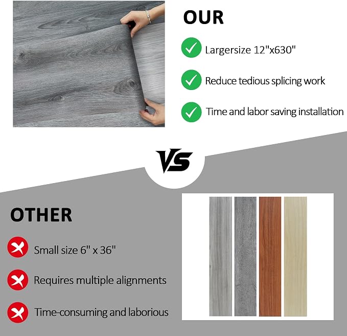 Lareko Wood Look Vinyl Flooring Roll,11.8"X197",Peel & Stick Floor Tile | Covers 16 Sq.Ft,Waterproof,Removable,Wide Plank DIY For renters and Home Decor ,Grey Oak Wooden Self-Adhesive Floor Sheet