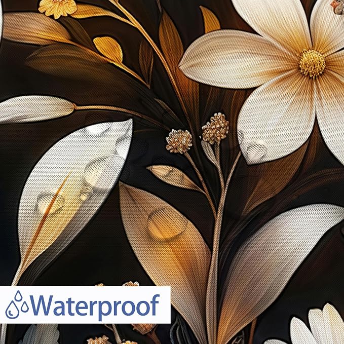GOAOK Retro Rustic Floral Shower Curtain Boho Black and Gold Bathroom Decor, Vintage Dark Flowers Wildflower Plant Farmhouse Shower Curtain with Hooks Cute Aesthetic Bathroom Accessories Set, 72X72
