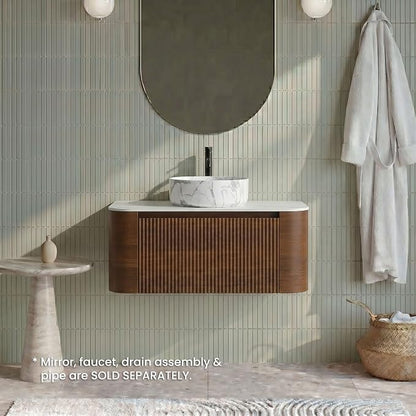 36" Preassembled Floating Bathroom Vanity with Carrara Finish Sink, Walnut | Mid-Century Modern Style, Fluted & Soft-Close Drawer with U-shaped Wall, Sinterted Stone Countertop, Towel Rack Included