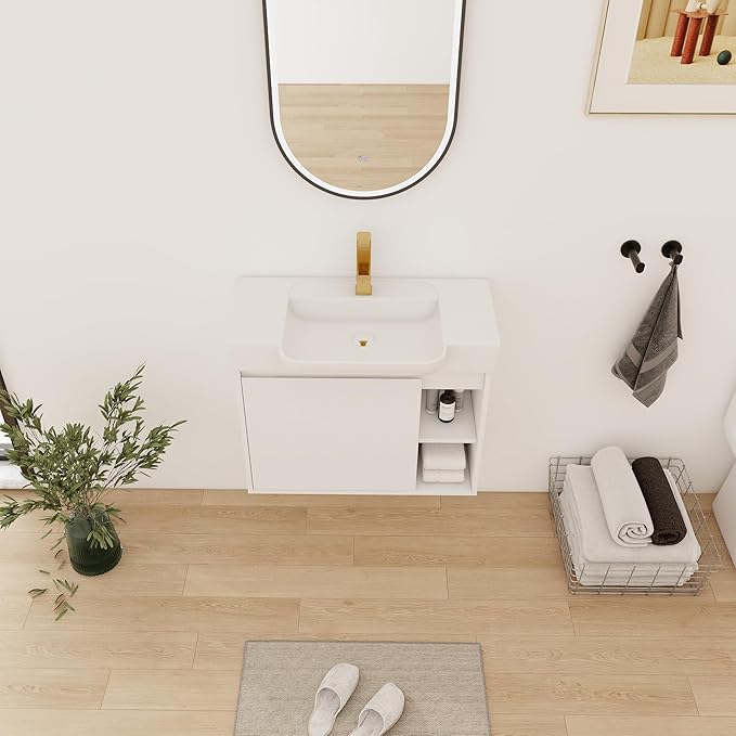 28" Wall-Mounted Bathroom Vanity with Ceramic Sink, 28 inch Floating Single Sink Vanity Cabinet Modern Brown 1-Door Design with Storage Shelf (Space-Saving for Small Bathrooms), White