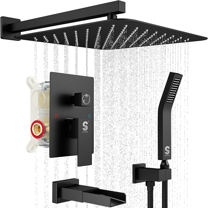SR SUN RISE 16 Inch All Metal Square Shower System with Tub Spout, Tub Shower Faucet Set, High Pressure Rain Shower Head and Handheld Sprayer Shower Fixtues, Valve Included, Matte Black