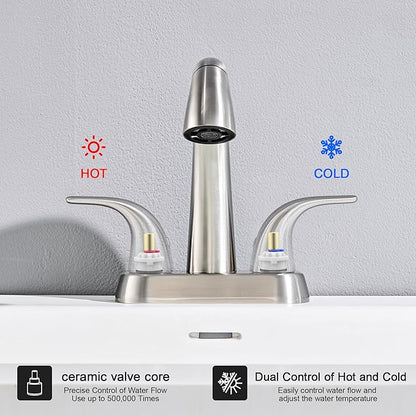 Ultimate Unicorn Brushed Nickel Bathroom Sink Faucet - 4 Inch Centerset Pull Down Vanity Faucets 3 Hole with Pop Up Drain - Two Handle Modern Washbasin Tap Set with Pull Out Sprayer for Rv Restroom