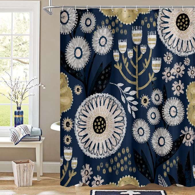Boho Floral Shower Curtain, Dark Blue Botanical Fabric Curtain, 72 x 78 | Boho floral, vintage botanical, dark floral, rustic farmhouse, colorful flowers, fabric shower curtain
