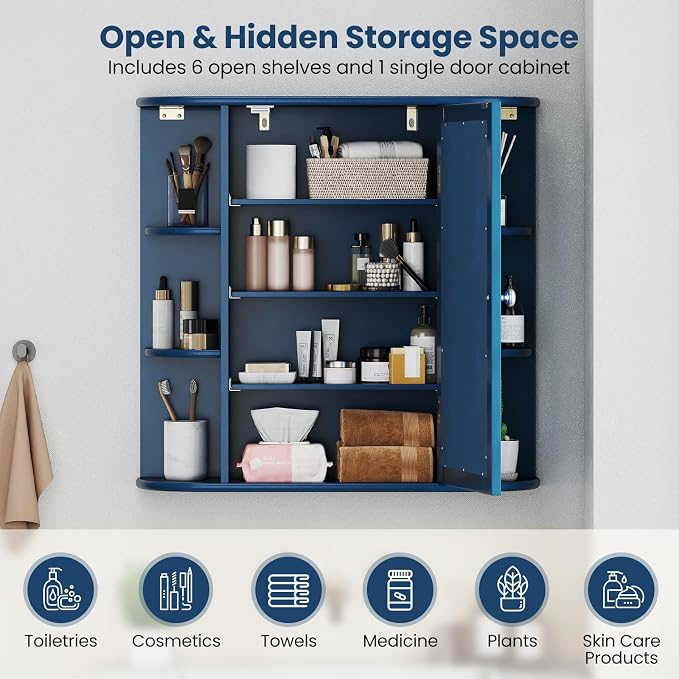 GIANTEX Bathroom Medicine Cabinet (Blue) | Wall Mounted Medicine Cabinet with Mirrored Door & 4 Interior Shelves, 6 Open Shelves, Space-saving Storage Cabinet