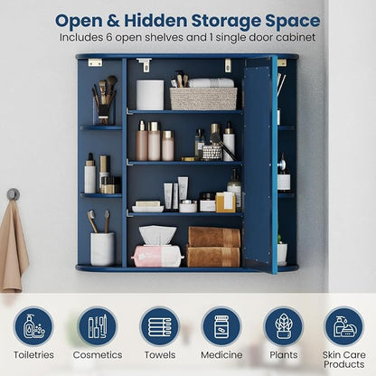 GIANTEX Bathroom Medicine Cabinet (Blue) | Wall Mounted Medicine Cabinet with Mirrored Door & 4 Interior Shelves, 6 Open Shelves, Space-saving Storage Cabinet