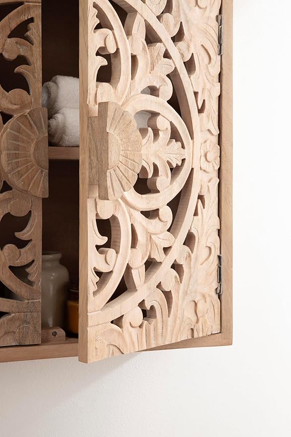 Kate and Laurel Saanvi Traditional Carved Wood Wall Cabinet, 20 x 6 x 20, Light Natural, Dimensional Over The Toilet Storage Cabinet for Bathroom Storage and Display