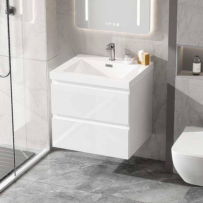 24 Inch Floating Bathroom Vanity with Sink, Large Storage Wall Mounted Floating Vanity with Soft Close Drawers, One-Piece Basin Bathroom Sink Cabinet (Glossy White, 24 Inch)