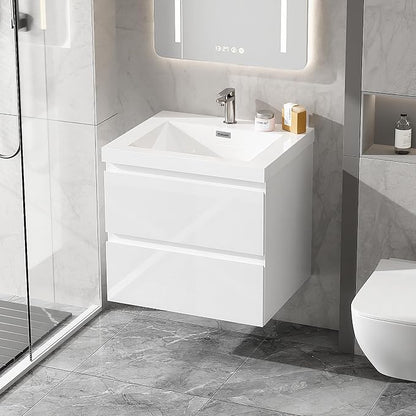 24 Inch Floating Bathroom Vanity with Sink, Large Storage Wall Mounted Floating Vanity with Soft Close Drawers, One-Piece Basin Bathroom Sink Cabinet (Glossy White, 24 Inch)
