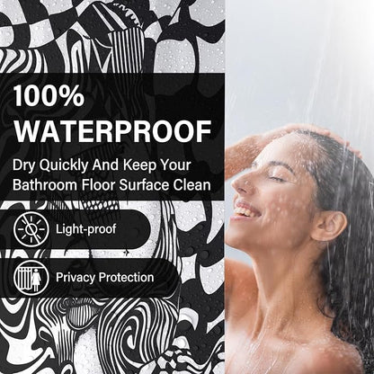 Black White Trippy Abstract Face Shower Curtain Set 72x72 Inches | Trippy Abstract Face Checkerboard Print, Modern Indie Home Guest Housewarming Art Lover Bath Decor, With Fabric Hooks