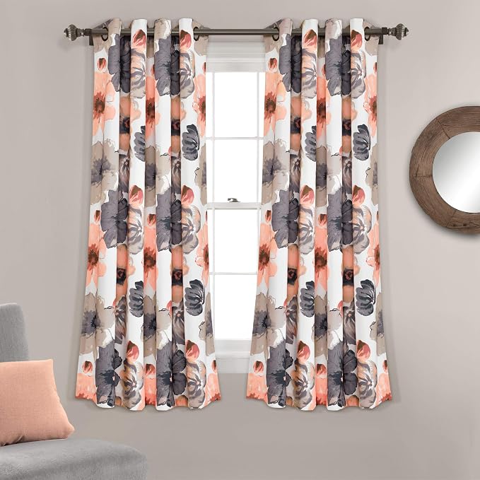 Lush Decor Leah Light Filtering Window Curtain Panels, Pair, 52" W x 63" L, Coral & Gray - Floral Drapes for Bedroom - Coral Curtains - Farmhouse Decor
