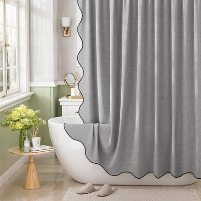 Bathway Modern Scalloped Shower Curtain Linen Textured, Light Gray Shower Curtain Set with 12 Metal Hooks, Neutral Cute Elegant Shower Curtain with Black Border for Bathroom, 72x72 Inches