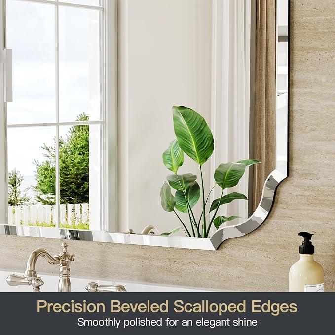 Scalloped Frameless Beveled Bathroom Mirror, 22" x 30" Beveled Vanity Rectangle Mirrors with Beveled Edge, Bathroom Vanity Mirror for Over Sink, Fireplace, Entryway, Restroom