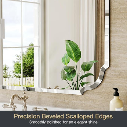 Scalloped Frameless Beveled Bathroom Mirror, 22" x 30" Beveled Vanity Rectangle Mirrors with Beveled Edge, Bathroom Vanity Mirror for Over Sink, Fireplace, Entryway, Restroom