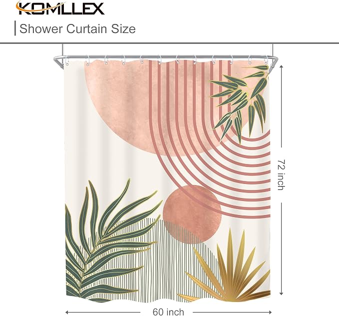 Mid Century Pink Green Boho Abstract Modern Bathroom Shower Curtain Set | 60Wx72L Orange design, waterproof HD print with fast-drying fabric and 12 hooks.