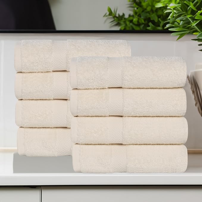 SUPERIOR 8-Piece Cotton Hand Towel Set, Small Towels for Fast Dry, Home Essentials, Bathroom Decor, Face, Body, Spa, Resort, Gym, Lightweight, Soft, House Accessories, Franklin Collection, Ivory