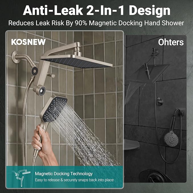 12" XXL Rainfall Shower Head with Handheld Combo Set, Nickel Brushed | High Pressure, Magnetic Docking, Air-Infusion Tech, Anti-Leak One-Piece Design, Dual Square Showerhead