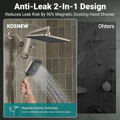 12" XXL Rainfall Shower Head with Handheld Combo Set, Nickel Brushed | High Pressure, Magnetic Docking, Air-Infusion Tech, Anti-Leak One-Piece Design, Dual Square Showerhead