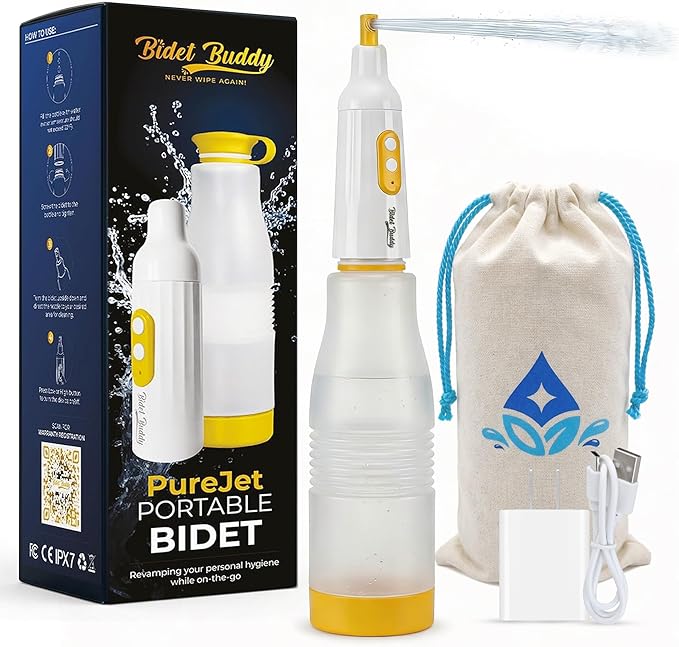 BIDET BUDDY® PureJet Portable Bidet for Travel– Self-Cleaning Retractable Nozzle, 550mL Bottle, IPX7 Waterproof, USB-C Rechargeable, High-Pressure Hygiene Device, Versatile Power Modes – Arctic White