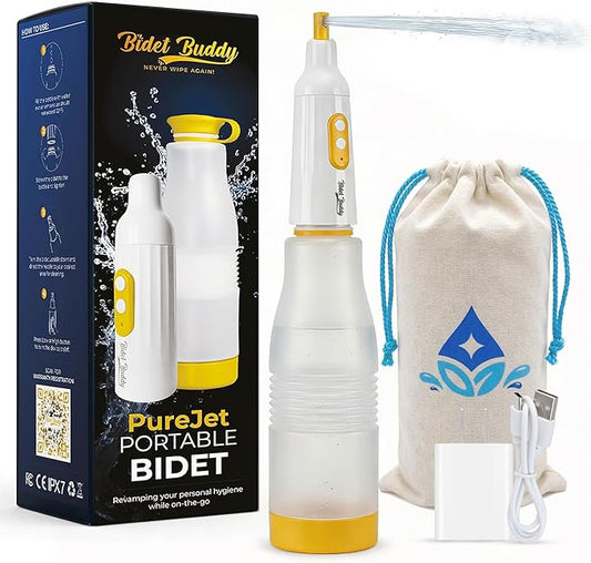 BIDET BUDDY® PureJet Portable Bidet for Travel– Self-Cleaning Retractable Nozzle, 550mL Bottle, IPX7 Waterproof, USB-C Rechargeable, High-Pressure Hygiene Device, Versatile Power Modes – Arctic White