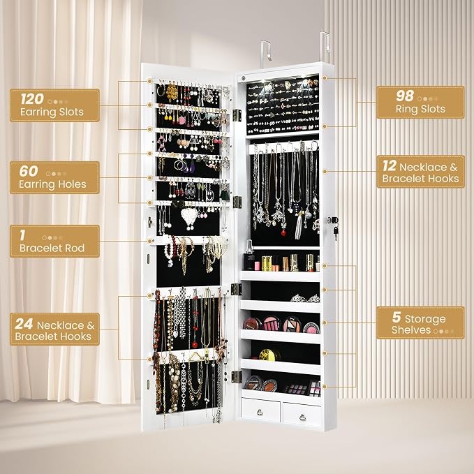 NAFORT 2 LEDs Mirror Jewelry Armoire, 47.5" H Door or Wall Mounted Jewelry Cabinet with Frameless Mirror, Lockable Jewelry Storage Box, Hanging Jewelry Organizer with 2 Drawers, White
