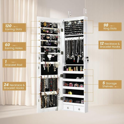 NAFORT 2 LEDs Mirror Jewelry Armoire, 47.5" H Door or Wall Mounted Jewelry Cabinet with Frameless Mirror, Lockable Jewelry Storage Box, Hanging Jewelry Organizer with 2 Drawers, White