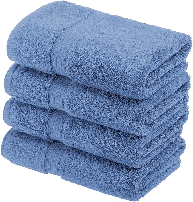 SUPERIOR Egyptian Cotton Plush & Absorbent, Hand Towel Set of 4, Denim Blue | Quick Dry, Soft Luxury Towel Set, Bath Essentials for Bathroom, Guest Bath, Spa, 4 Piece Set, Madeline Towels