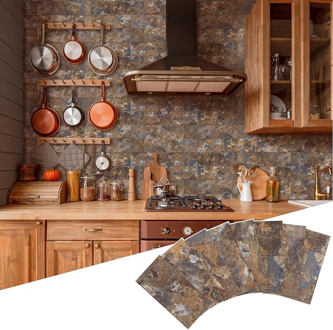 Yipscazo Peel and Stick backsplash 3 x 6 Inches 3D PVC Composite Wall Tile Stick on Backsplash Tile for Kitchen Bathroom, Laundry Room, Fireplace(Rust-Slate, 100 Pieces)