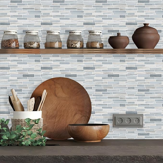 Tilingview 10PCS Peel and Stick Tile for Kitchen Backsplash, Strips Design Self-Adhesive Vinyl Tile, Plastic Wall Sticker (Blue Gray)