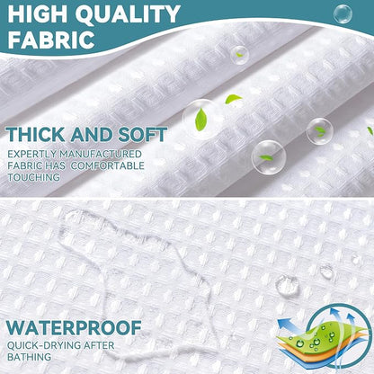 Conbo Mio Extra Long No Hook Waffle Weave Shower Curtain with Snap in Liner Set, Hotel Luxury White Shower Curtains for Bathroom with See Through Top Window, Waterproof, Washable 71W x 84H