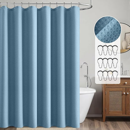 MIULEE Extra Long Waffle Weave Shower Bath Curtain 84 Inch Long with 12 Metal Hooks Modern Washable 260GSM Heavy Fabric Waterproof Thick Cloth Shower Curtains Set for Bathroom,Moonlight Blue