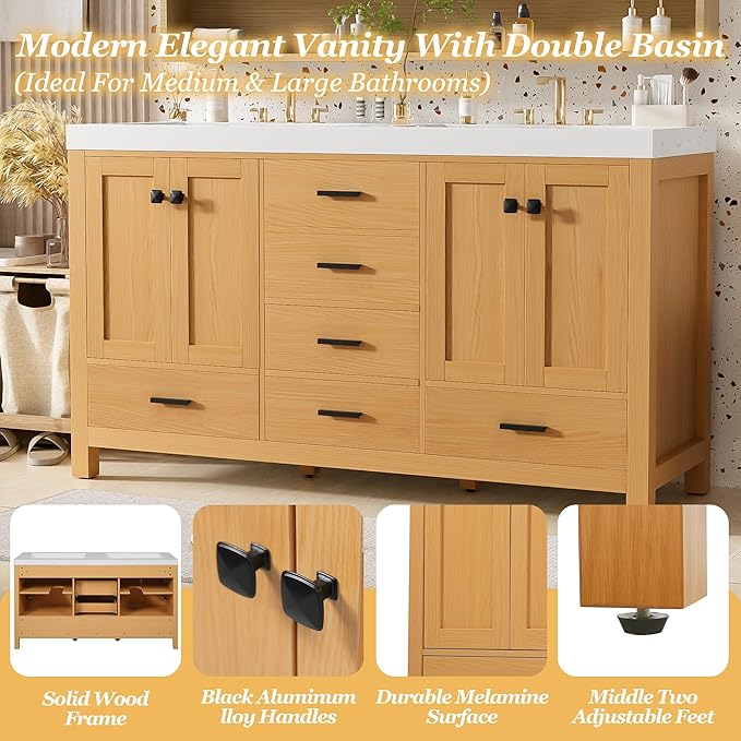 60 Inch Bathroom Vanity with Double SMC Resin Sink, 60 Double Sink Bathroom Vanity, Bathroom Vanity 60" Double Sink with Soft-Close Doors and Drawers, 4 Doors, 5 Drawers, Adjustable Shelves (Wood)