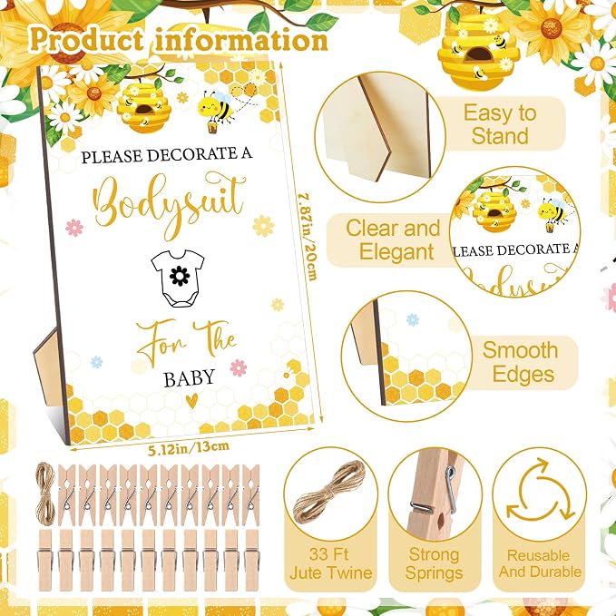 Panitay 126 Pcs Baby Shower DIY Bodysuit Set Bib 25 Blank White Newborn Bodysuit 25 Stencils 24 Marker 1 Sign 50 Pins(Bee)