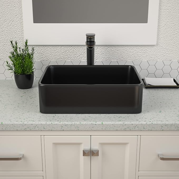 Black Vessel Sink Rectangle, Dcolora 19"x15" Matte Black Bathroom Vessel Sink Rectangular Above Counter Ceramic Porcelain Lavatory Vanity Sink Bowl Basin